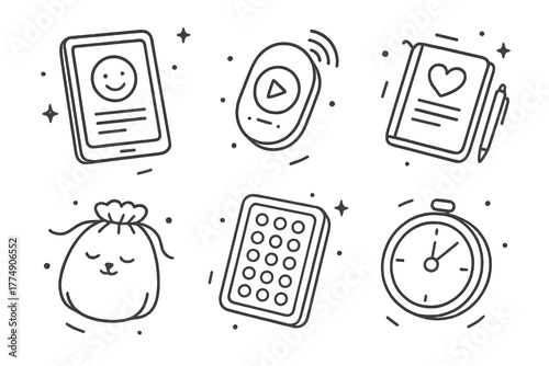 Zero-Gravity Wellness Icons. Line style icons of Emotional Wellness Items in Zero-Gravity: mood tracking tablet, breathing audio
