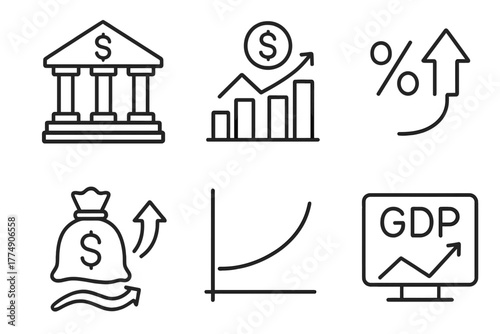 Forex Trading Icons. Line style icons of forex trading: central bank icon, monetary policy chart, interest rate policy icon,