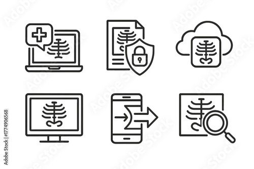 Telemedicine Icon Set. Line style icons of telemedicine: medical image sharing, secure image upload icon, X-ray cloud symbol, scan