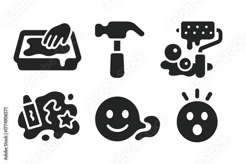 Oobleck Creative Play. Solid style icons of oobleck fun and creativity: Play Tray, Toy Hammer, Pattern Roller, Bubble Pop,