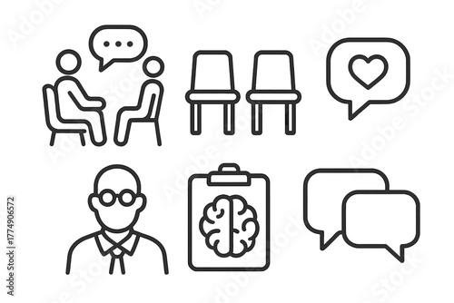 Mental Health Icons. Line style icons of mental health: therapy and counseling, two chairs icon, psychologist symbol, talk bubble