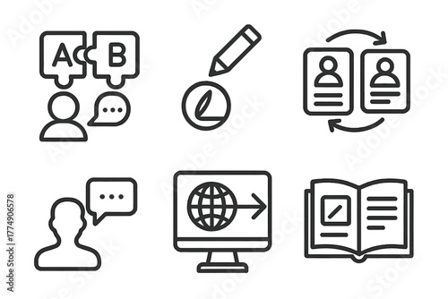 Brand Merger Icons. Line style icons of mergers & acquisitions: brand merger icon, logo redesign, corporate identity merge,