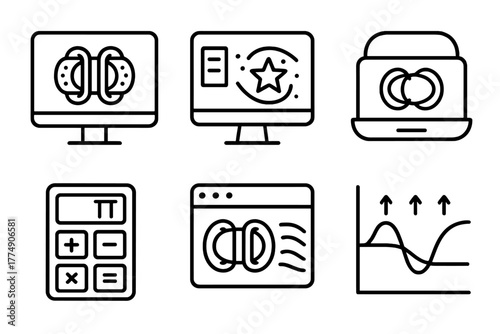 Nuclear Fusion Icons. Line style icons of nuclear fusion: virtual reactor model, simulation software, digital twin icon, numerical