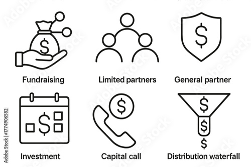 Private Equity Icons. Line style icons of private equity: fundraising round, limited partners icon, general partner badge,