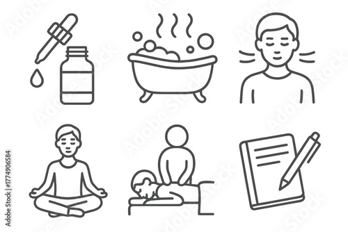 Calming Ritual Icons. Line style icons of calming rituals: bedtime oil drop, aroma bath soak, slow breathing, meditation session,