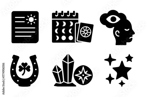 Astrology Icons Collection. Solid style icons of astrology in daily life: Daily Forecast Page, Moon Calendar, Tarot and Chart