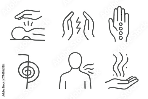 Holistic Healing Icons. Line style icons of holistic healing: reiki healing, hand hovering over body, energy transfer icon, chakra