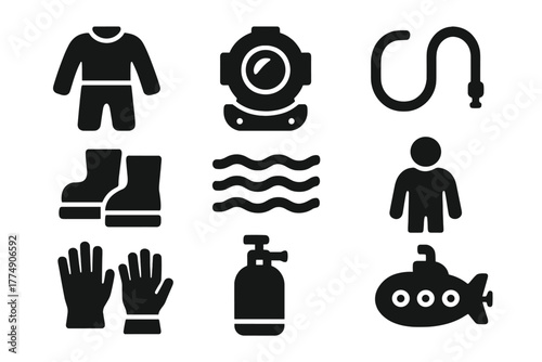 Diving Gear Icons. Solid style icons of Early Submersion Outfit: Diving Suit, Helmet, Air Hose, Weighted Boots, Deep Sea, Suit,
