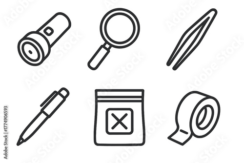 Geocaching Toolkit Icons. Line style icons of Geocaching Toolkit: flashlight, magnifying glass, tweezers, pen with cap, ziplock