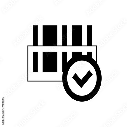 Illustration of a container with vertical bars and a check mark inside a circle on the lower right side