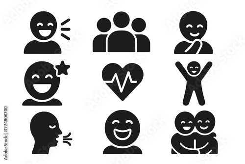 Laughter Yoga Icons. Solid style icons of Joyful Breathing Exercise: Laughter Yoga, Group, Fake Laughter, Joy, Health, Exercise,