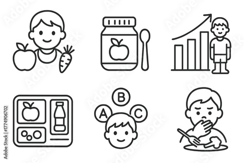 Child Nutrition Icons. Line style icons of nutrition science: childhood nutrition, baby food jar icon, nutrition for growth chart,