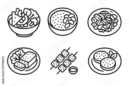 Vegan Diet Icons. Line style icons of vegan diet: high-protein vegan meals, quinoa and bean salad, seitan stir fry icon, lentil