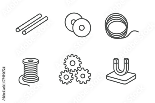 Kinetic Sculpture Materials. Line style icons of Materials for Kinetic Sculptures: aluminum rods, acrylic discs, steel wires,