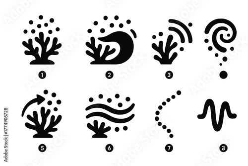 Coral Spawning Icons. Solid style icons of coral spawning energy: Luminescent Burst, Synchrony Wave, Reproductive Signal, Swirling