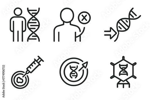Genetic Engineering Icons. Line style icons of genetic engineering: human gene therapy, inherited disorder icon, somatic gene