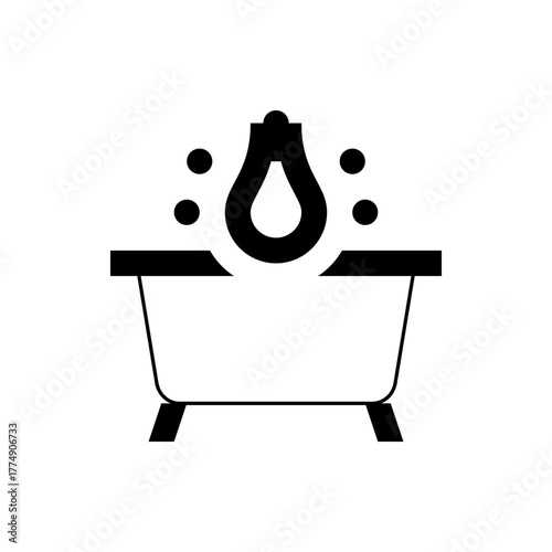 Illustration of a bathtub with water droplet above it and small circles indicating bubbles or steam effect 100