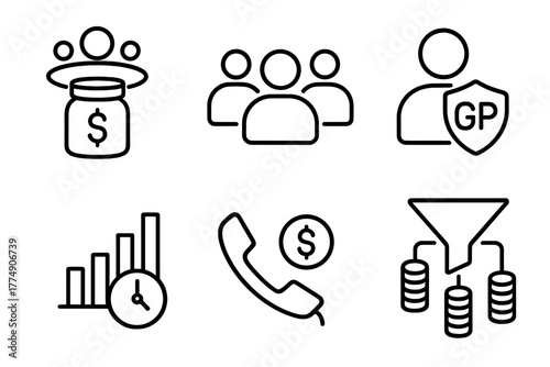 Private Equity Icons. Line style icons of private equity: fundraising round, limited partners icon, general partner badge,