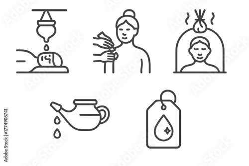 Ayurveda Icons Collection. Line style icons of Ayurveda: Panchakarma treatments, oil massage icon, herbal steam therapy, nasal