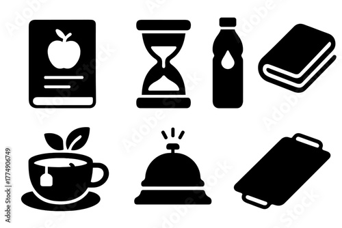 Fasting Therapy Icons. Solid style icons of fasting therapy tools: Calorie Ledger, Hour Counter, Mineral Bottle, Thin Blanket,