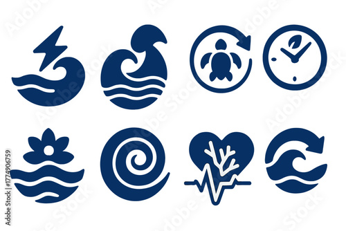 Oceanic Renewal Icons. Solid style icons of oceanic renewal symbolism: Spark of Life, Fertility Wave, Rebirth Circle, Nature Clock