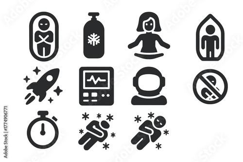 Cryogenic Space Pod Icons. Solid style icons of Cryogenic Space Pod: Pod, Cryo-Gas, Future Awakening, Space Travel, Control Panel,