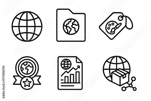 Franchise Global Icons. Line style icons of Franchise Global Operations: Global map icon, regional HQ file, cultural adaptation