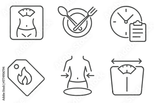 Nutrition Science Icons. Line style icons of nutrition science: weight management, portion control icon, meal timing chart, energy