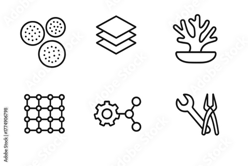 Artificial Photosynthesis Icons. Line style icons of artificial photosynthesis: nanomaterials icon, nanosheet structure,