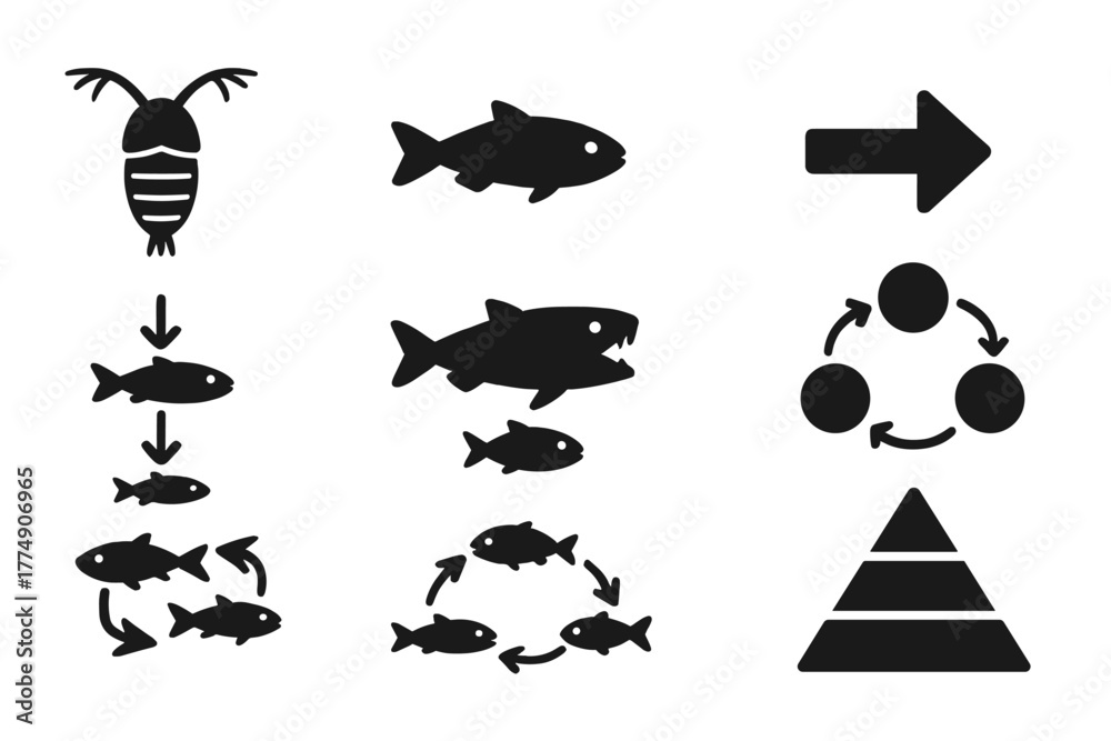 Naklejka premium Marine Food Web Icons. Solid style icons of marine food web structure: Zooplankton Figure, Small Fish Silhouette, Feeding Arrow,