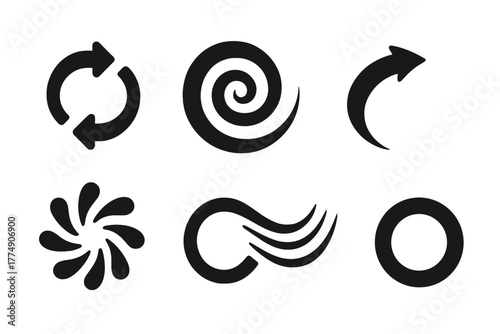 Vortex Motion Icons. Solid style icons of vortex motion: Rotational Arrows, Spiral Flow, Tapered Swirl, Acceleration Curve,