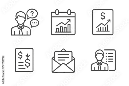 Private Equity Icons. Line style icons of private equity: investor Q&A, monthly update icon, investment performance report,