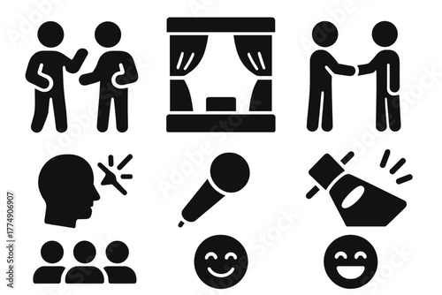 Live Comedy Icons. Solid style icons of Live Comedy Exercise: "Yes, And...", Stage, Partner, Spontaneity, Microphone, Spotlight,