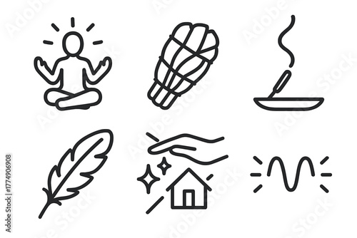 Holistic Healing Icons. Line style icons of holistic healing: energy cleansing rituals, sage bundle icon, incense smoke trail,