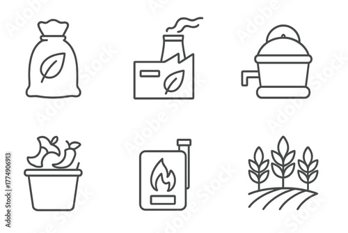 Renewable Energy Icons. Line style icons of renewable energy: biomass fuel icon, bioenergy plant, biogas digester, organic waste