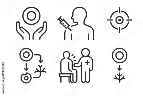 Stem Cell Icons. Line style icons of stem cell research: stem cell therapy, patient injection icon, targeted delivery,