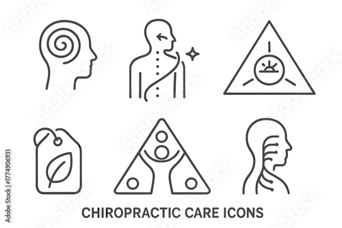 Chiropractic Care Icons. Line style icons of chiropractic care: chiropractic philosophy, body-mind alignment icon, innate