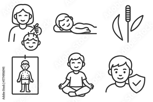 Children's Acupuncture Icons. Line style icons of acupuncture: children’s acupuncture, child lying calmly icon, gentle needle