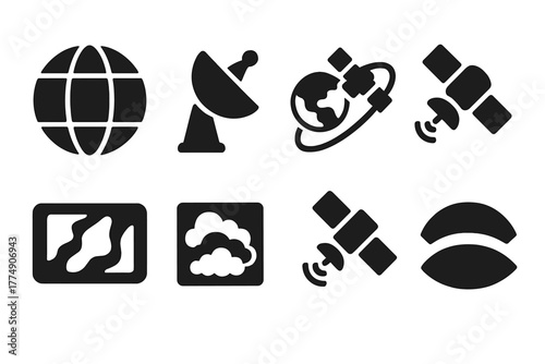 Satellite Observation Tools. Solid style icons of satellite observation tools: Earth View Grid, Satellite Dish, Orbital Path,