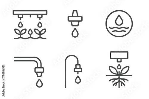 Hydroponics Line Icons. Line style icons of hydroponics: drip irrigation system, dripper icon, slow water feed symbol, tubing and
