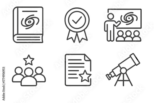 Astrophysics Icons Collection. Line style icons of astrophysics: scientific journal icon, peer review badge, astrophysics