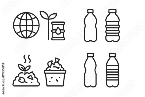 Biodegradable Plastics Comparison. Line style icons of biodegradable plastics: bioplastic vs regular plastic, side-by-side