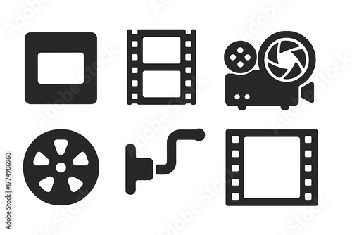 Retro Media Icons. Solid style icons of Retro Visual Media: Slide, Filmstrip, Projector, Lens, Spool, Crank, Screen, Frame, No