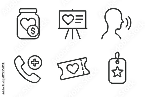 Community Rehab Icons. Line style icons of Community Involvement in Rehab: donation jar, outreach board, citizen call icon, rescue