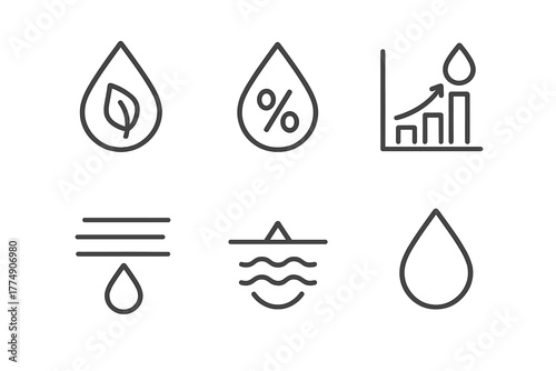 Meteorology Icon Set. Line style icons of meteorology: dew point icon, humidity drop, relative humidity chart, moisture index, fog