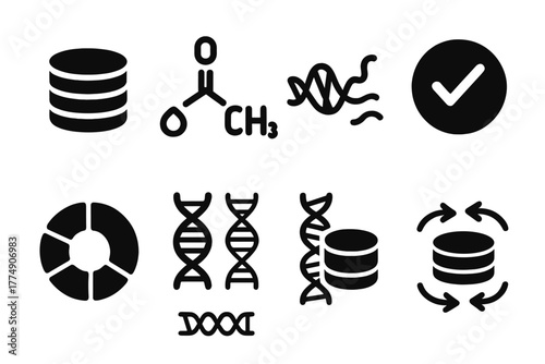 Histone Modification Icons. Solid style icons of histone modification: Histone Core Structure, Acetyl Group Symbol, Chromatin