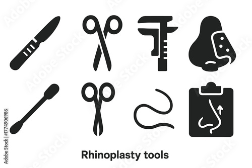 Rhinoplasty Tools Icons. Solid style icons of rhinoplasty tools and methods: Scalpel Blade, Surgical Scissors, Measurement Caliper