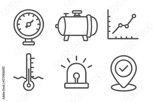 Pressure and Depth Icons. Line style icons of Pressure and Depth Icons: pressure dial, pressure chamber, PSI graph, depth