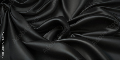 Black satin silk, elegant fabric for backgrounds, beautiful black textile cloth background. detail of wavy black silk fabric background.

