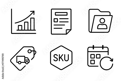 Franchise Inventory Icons. Line style icons of Franchise Inventory Management: Stock level chart, order form icon, supplier file,